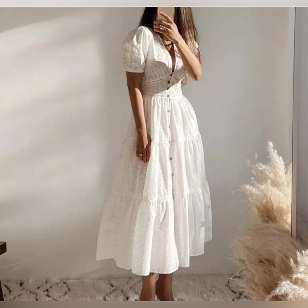 Zara White Lace Eyelet Boho Coastal Cottagecore Prairie Midi Dress Size Large - Picture 15 of 17